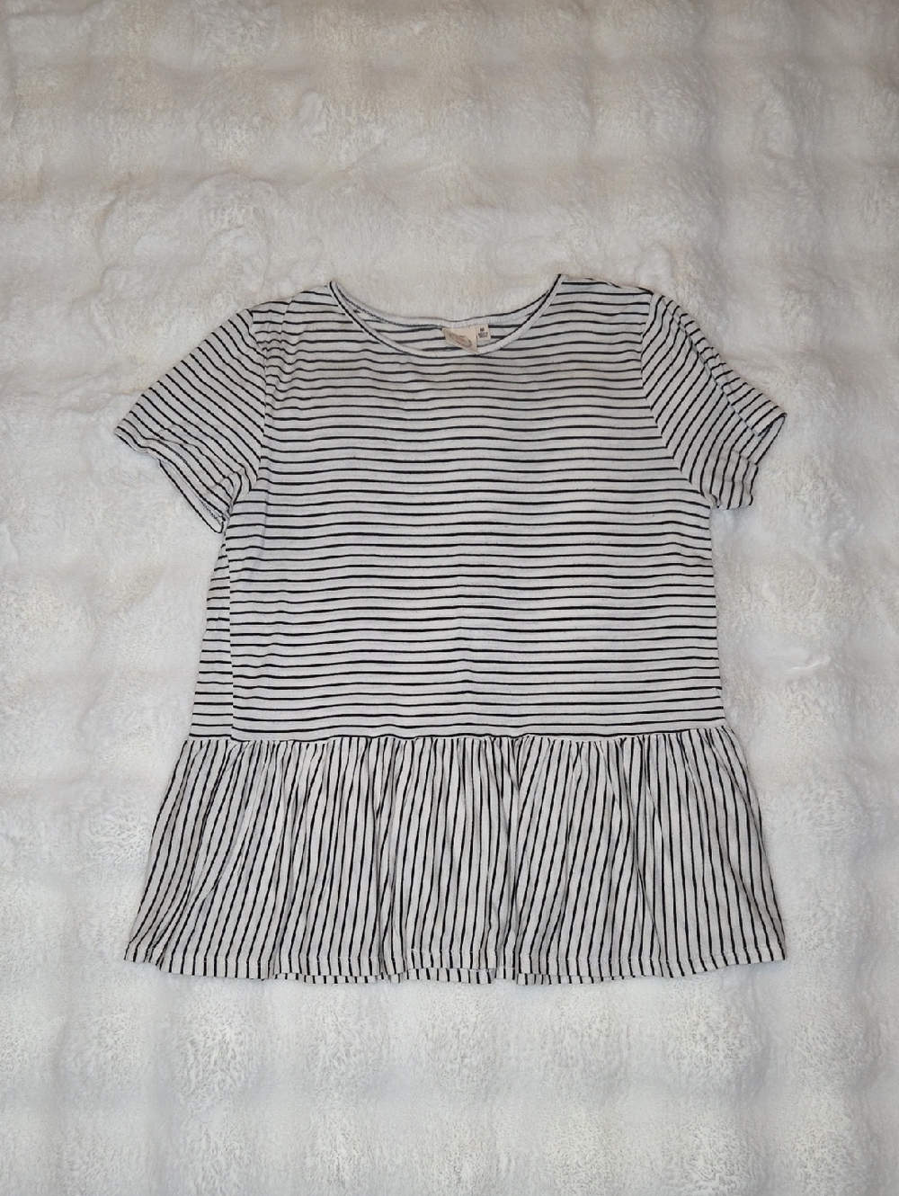 Striped Short Sleeve Peplum Tee - Black & White